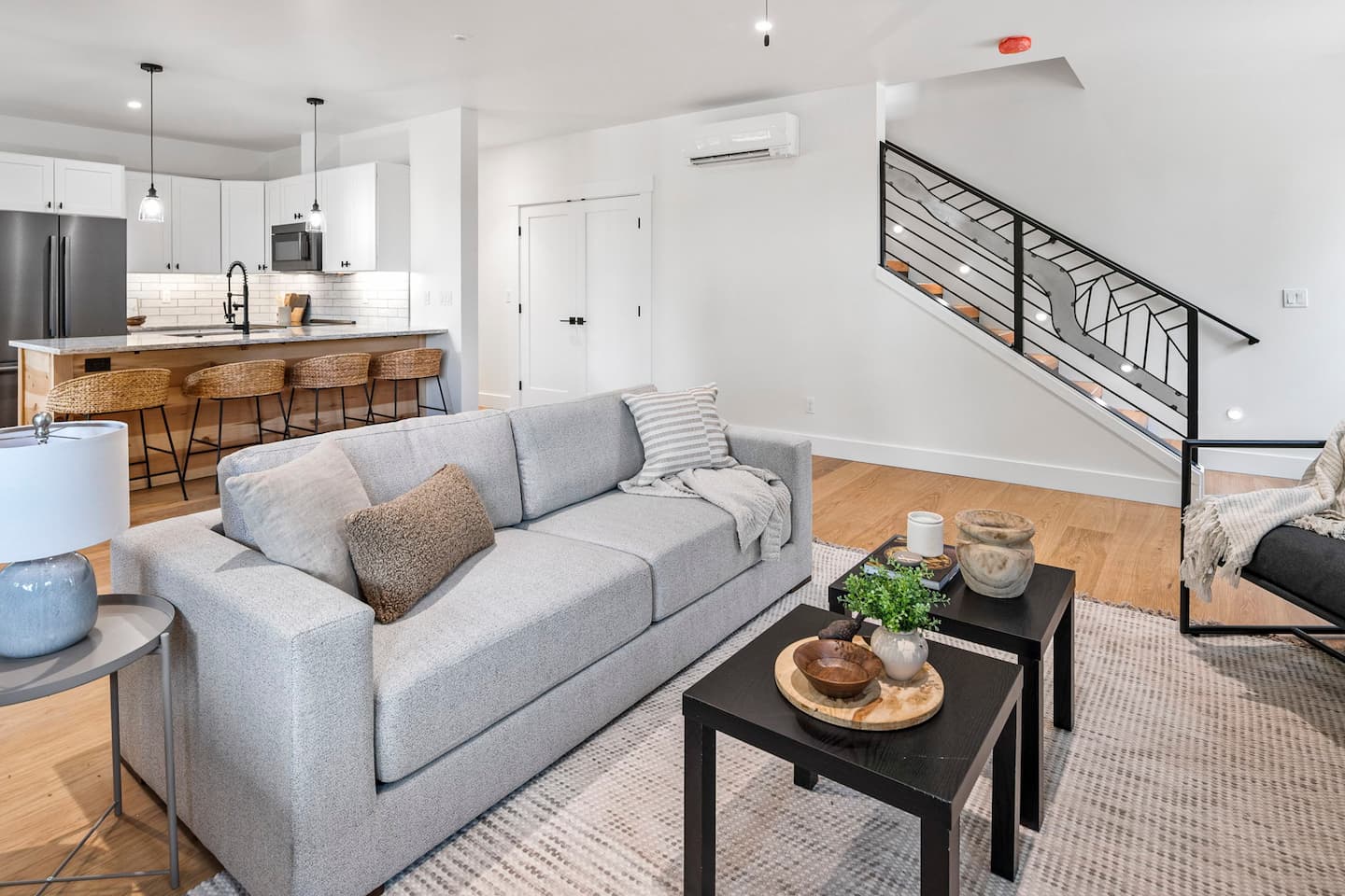 Clean and green remodeled living room in historic bend, oregon home remodeled to be more energy efficient