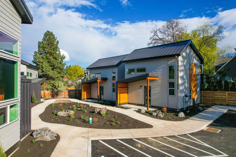 Exterior view of custom home and walkway