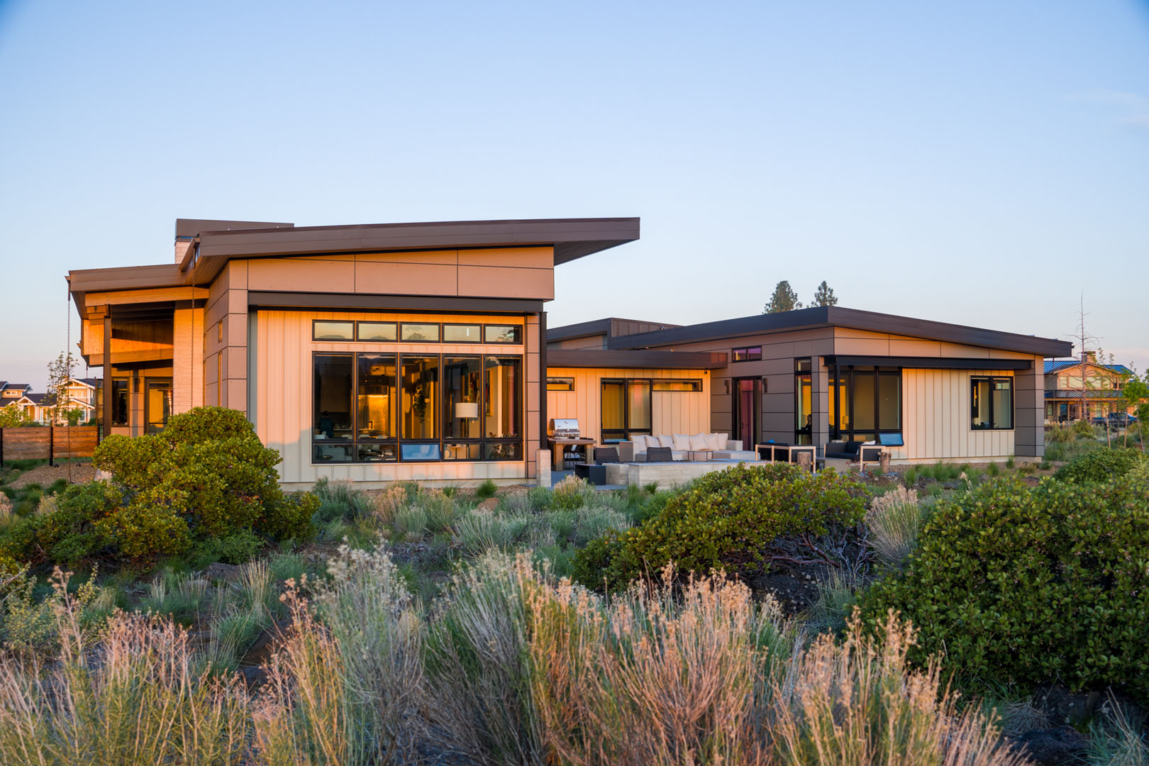 Sunset view of custom contemporary home build in Bend