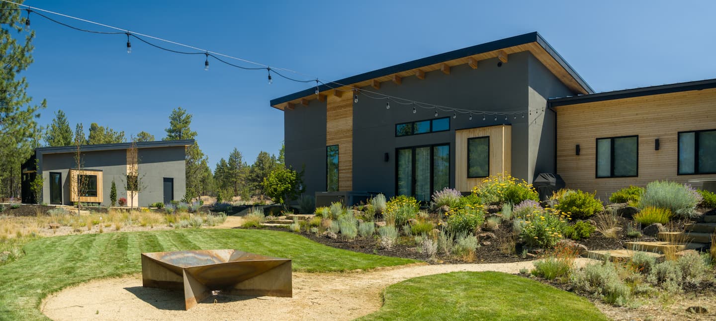 Lawn and backyard of energy efficient and healthy home build in Deschutes County, Oregon